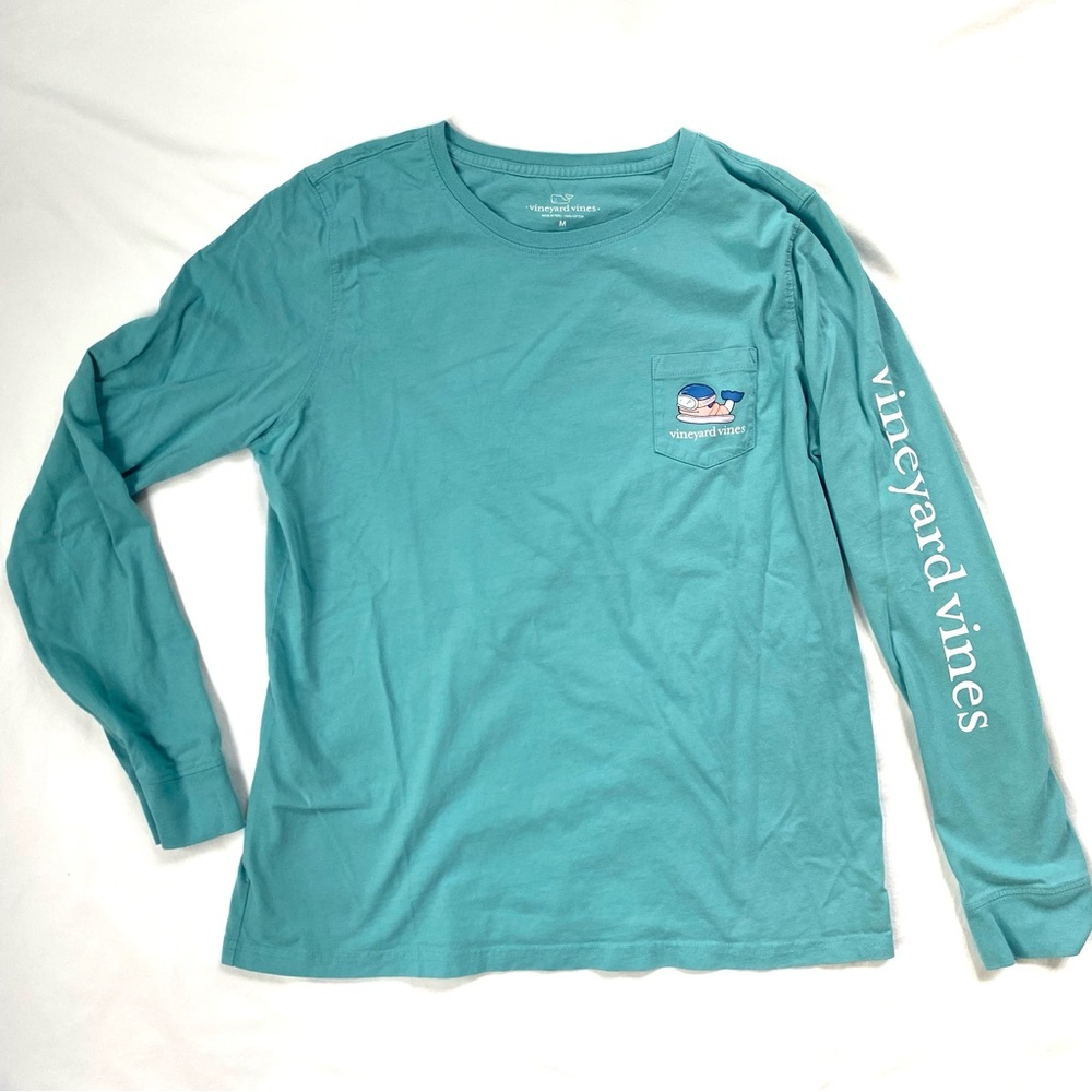 Vineyard Vines Snowboard Whale Long-Sleeve Pocket Tee Teal Aqua Pink White Blue